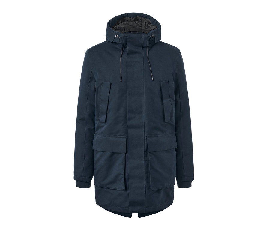 Parka bleu marine avec capuche et poches.