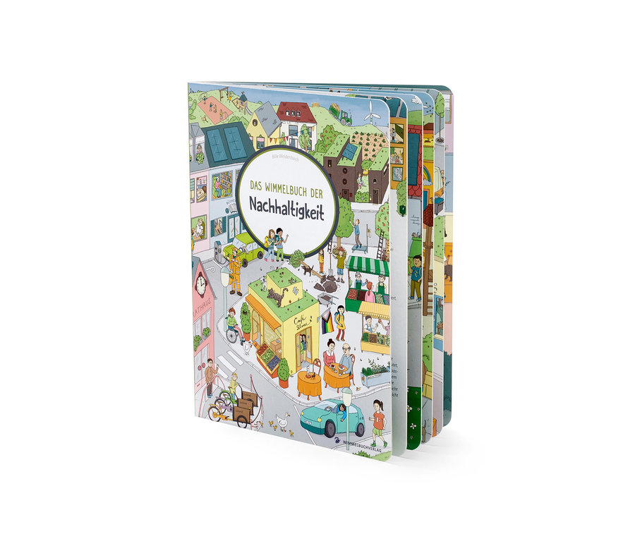 Illustration du livre « Das Wimmelbuch der Nachhaltigkeit » montrant une ville animée avec des personnes, des véhicules et des bâtiments.
