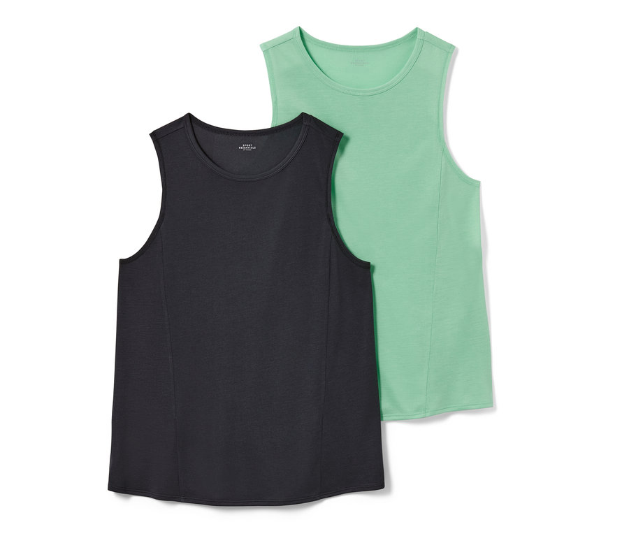 Deux débardeurs de sport, vert et anthracite.