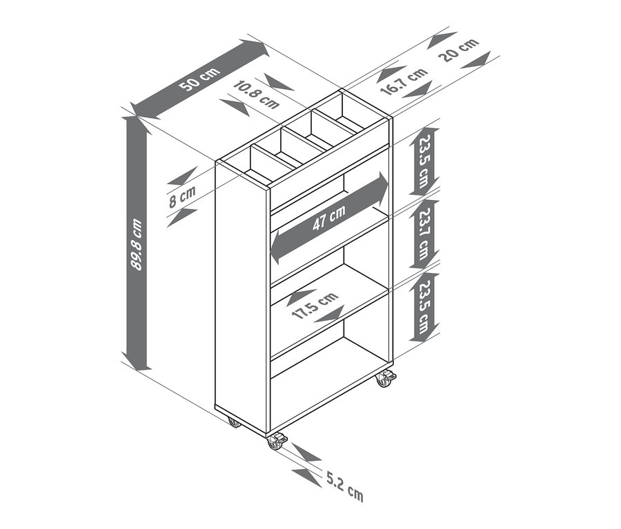 Illustration d'un chariot d'appoint étroit avec des mesures.