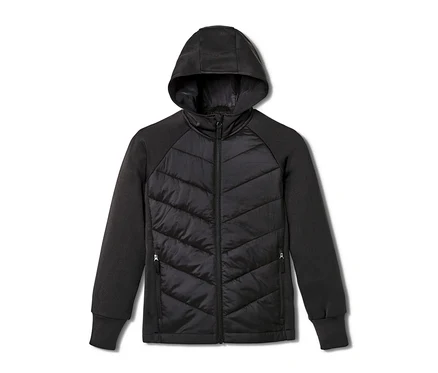 Une veste de sport thermique noire pour enfant avec une capuche et une fermeture éclair.
