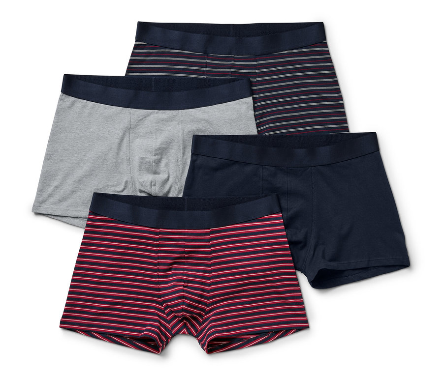 Quatre boxers : un gris, un bleu marine et deux rayés.