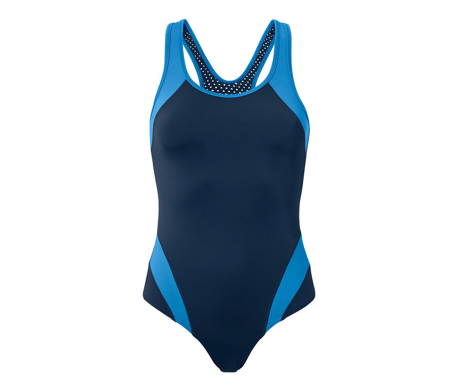 Maillot de bain de sport bleu marine avec détails bleus.