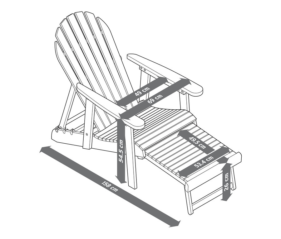 Schéma d'une chaise de jardin Adirondack avec repose-pieds extensible et dimensions.