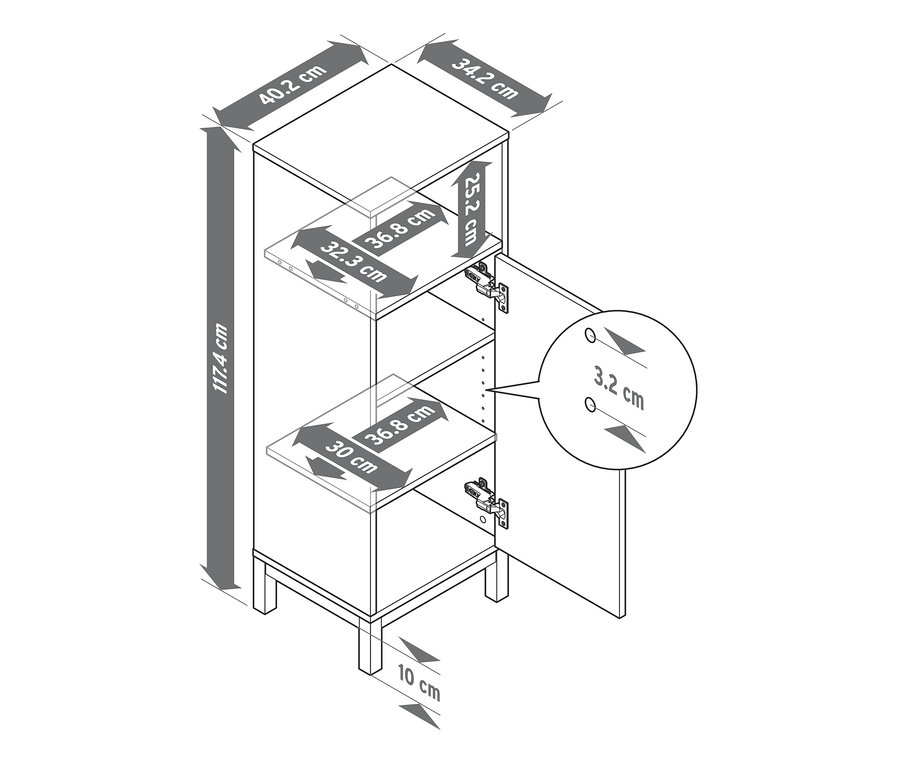 Schéma d'un meuble de salle de bain avec dimensions indiquées.