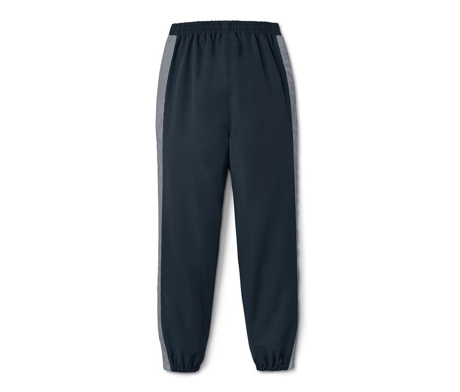 Pantalon de pluie pour enfant bleu marine avec des bandes grises sur les côtés.
