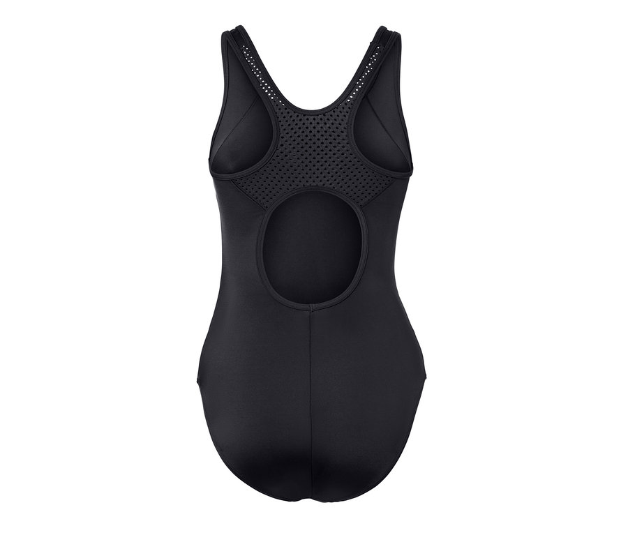 Maillot de bain de sport noir avec dos découpé et empiècement en mesh.