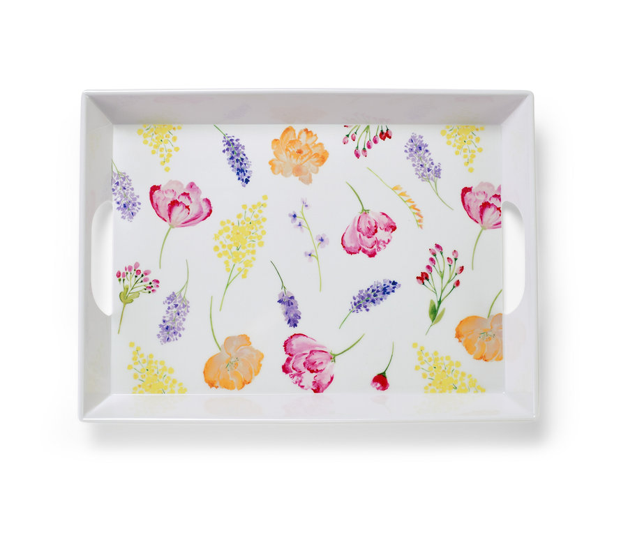 Plateau rectangulaire à motif floral avec poignées.