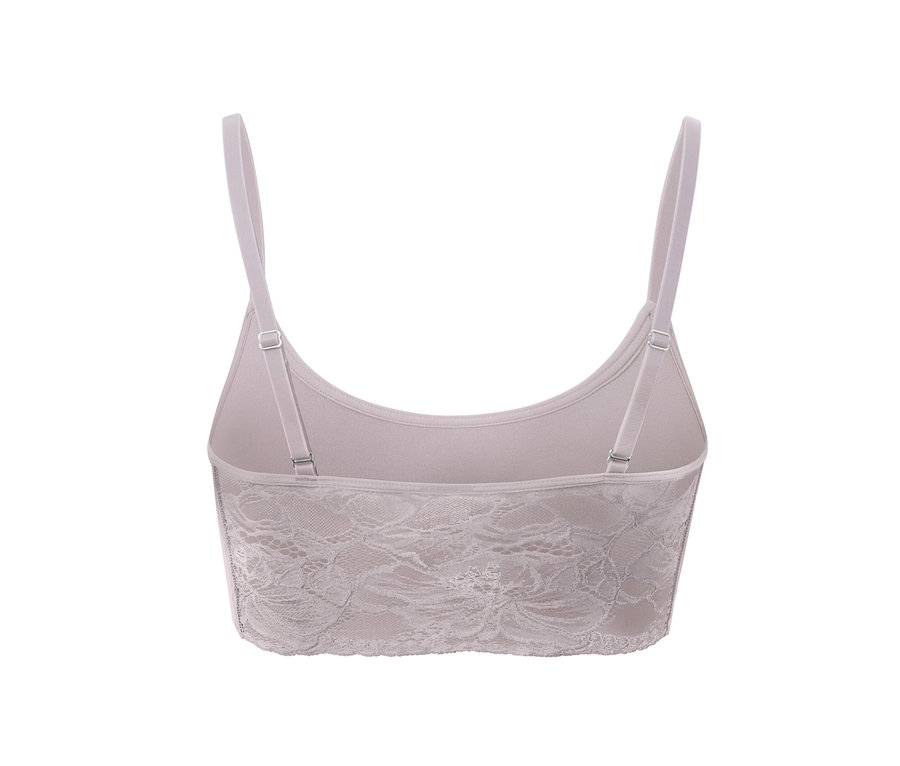 Détail d'une brassière seamless grise avec dentelle, vue de dos.
