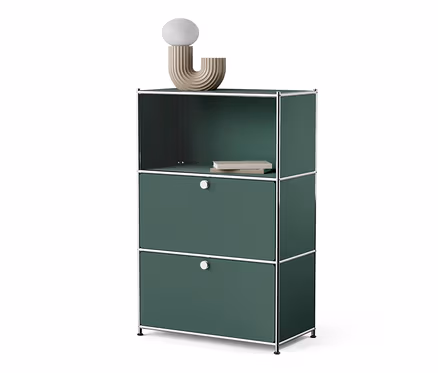 Commode métallique verte « CN3 » à deux abattants et un compartiment ouvert.