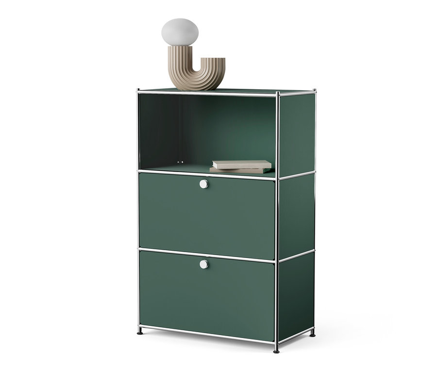 Commode métallique verte « CN3 » à deux abattants et un compartiment ouvert.