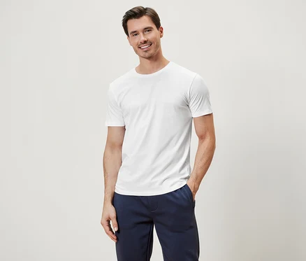 Un homme pose, portant un t-shirt blanc à encolure ronde, faisant partie d'un lot de 3.