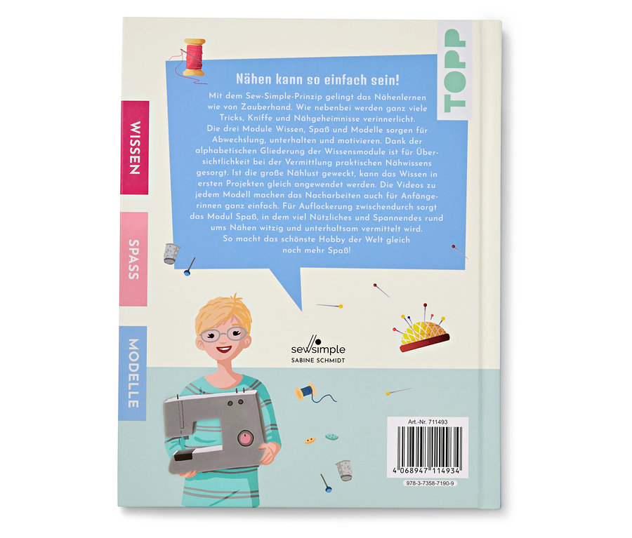 Le livre « Näh doch einfach » sur un fond clair. La couverture montre une femme cousant sur une machine à coudre.