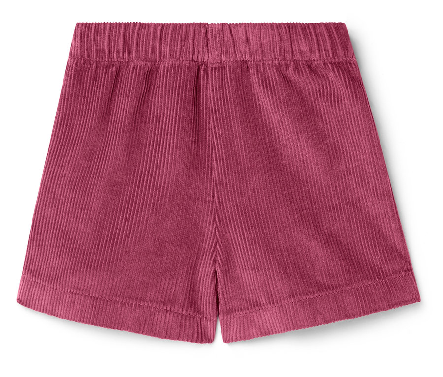 Un short en velours côtelé bordeaux avec une taille élastique posé sur un fond blanc.