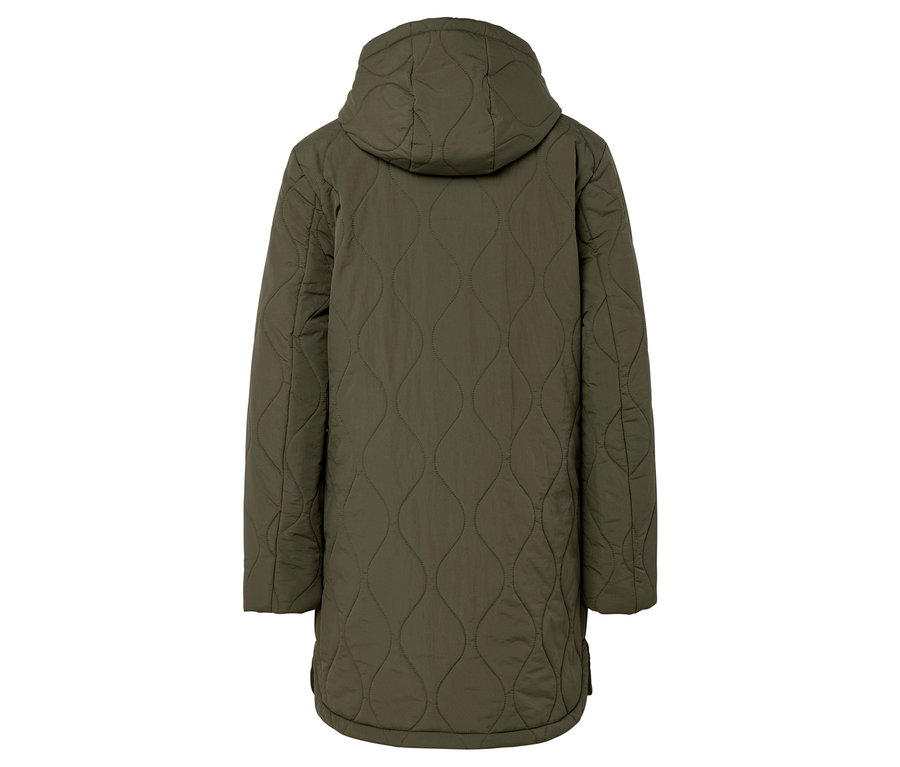 Vue arrière d'une veste matelassée olive avec capuche.