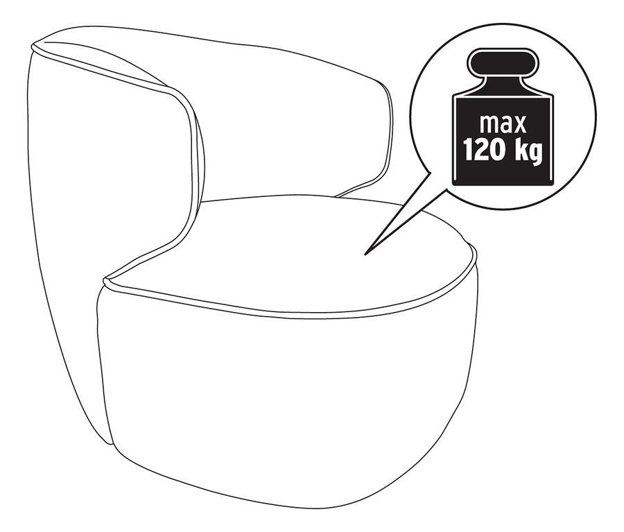 Schéma d'un fauteuil pivotant avec une capacité de charge maximale de 120 kg.