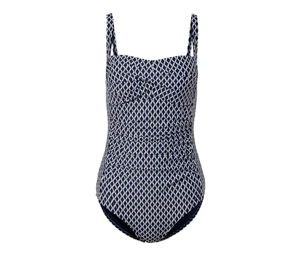 Maillot de bain modelant bleu foncé et blanc avec motif géométrique.
