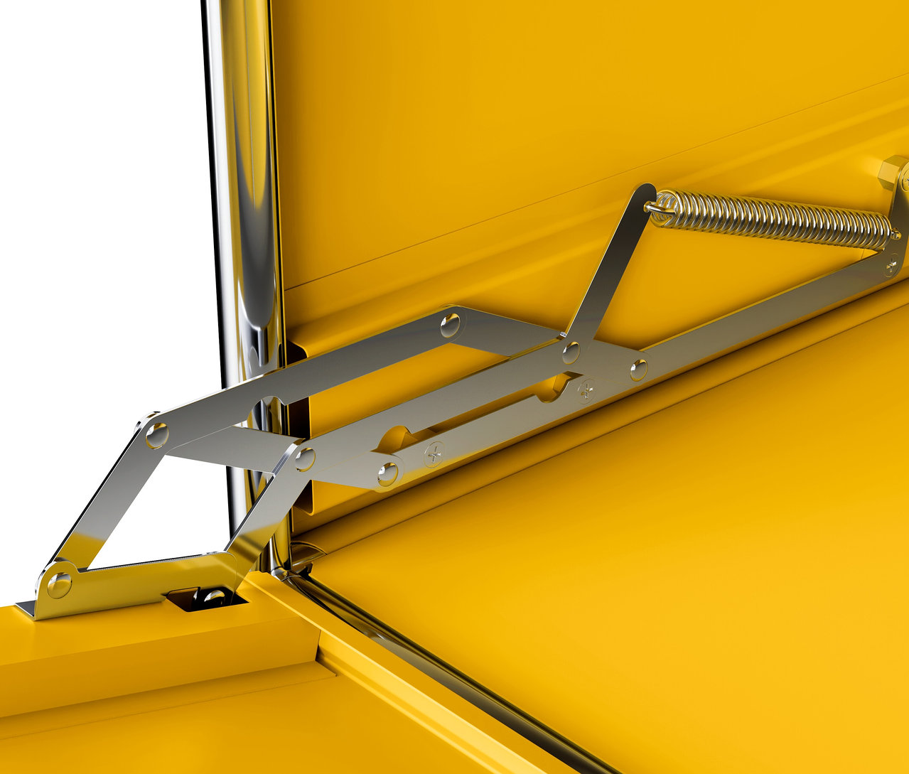 Détail du buffet en métal jaune « CN3 » ouvert avec 1 abattant.