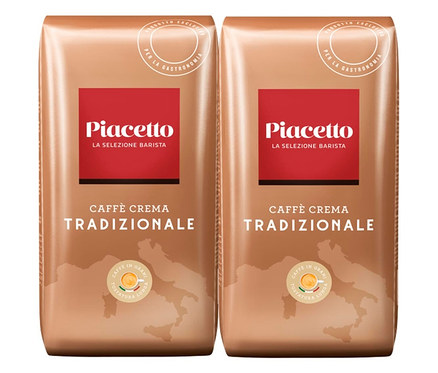 Deux paquets de Caffè Crema Tradizionale Piacetto – 2 x1 kg, en grains. Les paquets sont marron avec un logo Piacetto rouge.