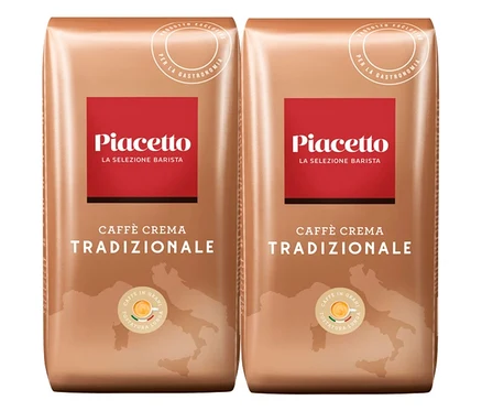 Deux paquets de Caffè Crema Tradizionale Piacetto – 2 x1 kg, en grains. Les paquets sont marron avec un logo Piacetto rouge.