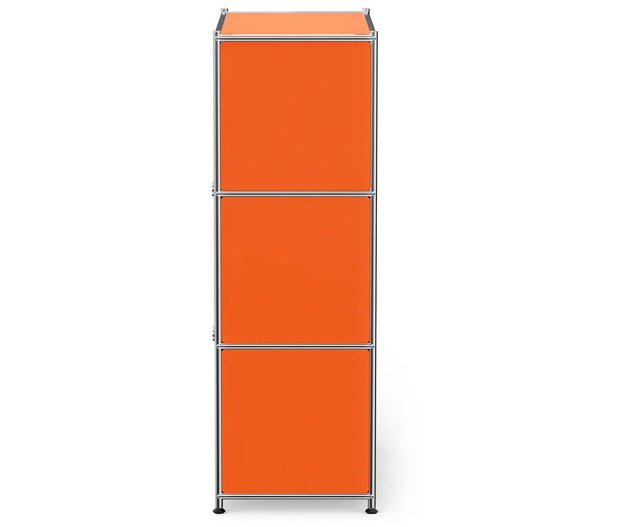 Étagère modulaire orange avec trois compartiments et cadre argenté.