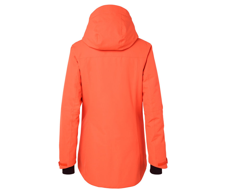 Vue arrière d'une veste orange corail à capuche.
