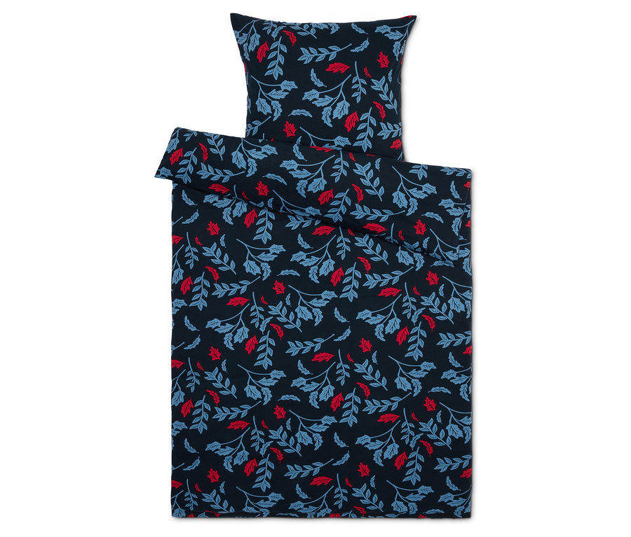 Linge de lit avec des feuilles bleues et rouges sur un fond bleu foncé.