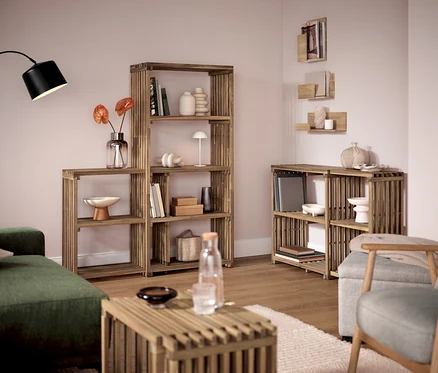 Salon avec étagères en bois et fauteuil avec accoudoirs et structure en bois.