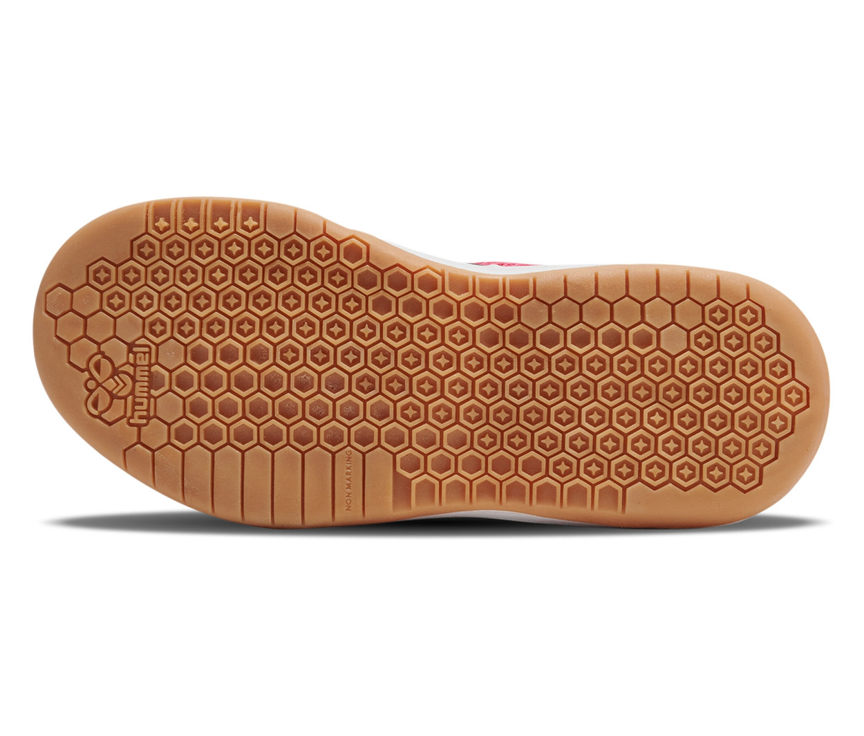 Semelle de la chaussure HUMMEL Multiplay Flex VC JR, rose, avec semelle marron à motif alvéolaire.