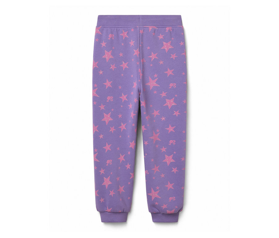 Pantalon de survêtement violet avec des étoiles roses et des logos Barbie.