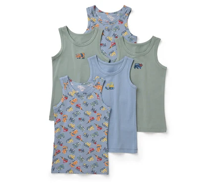 Cinq débardeurs pour enfants de différentes couleurs et motifs, dont vert, bleu et imprimé.