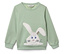 Pull vert clair avec un motif de lapin.