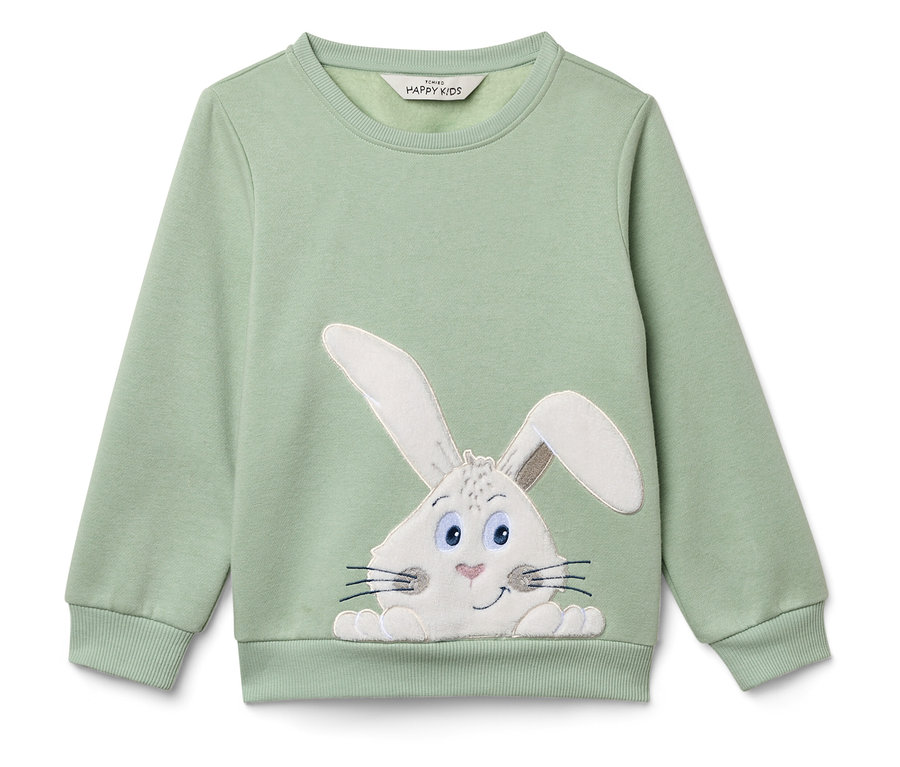 Pull vert clair avec un motif de lapin.