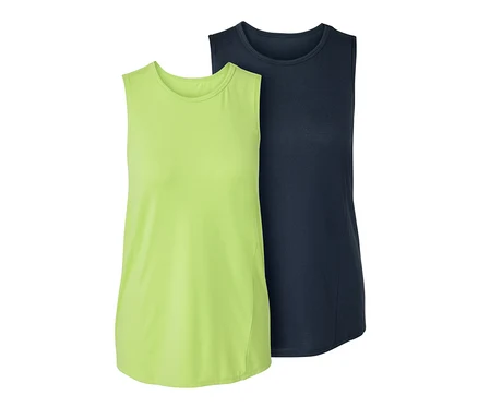 Deux débardeurs de sport, un bleu foncé et un vert citron.