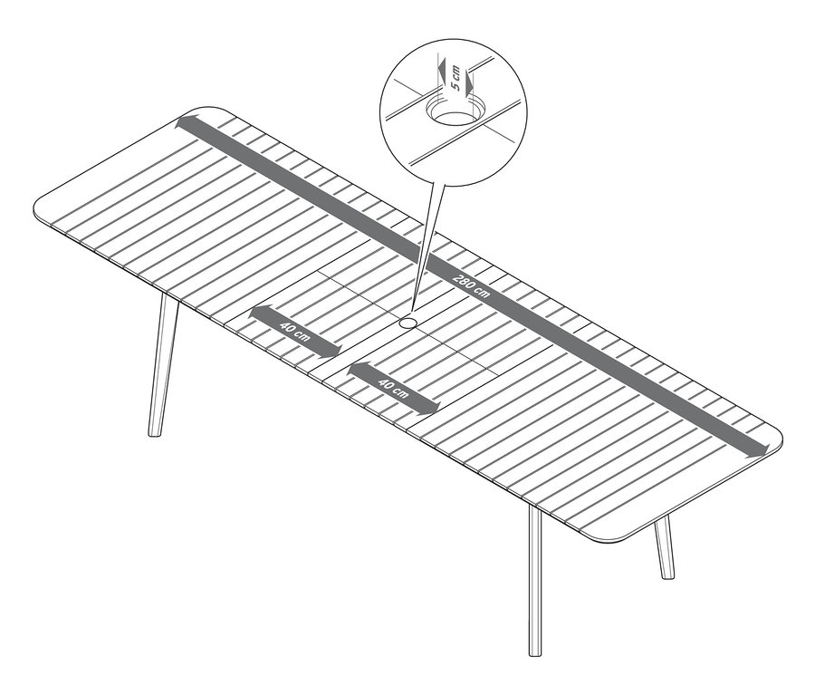 Schéma d'une table en teck à double rallonge avec dimensions indiquées.