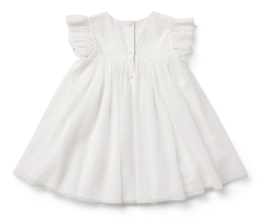 Robe en tulle pour bébé avec manches à volants et fermeture boutonnée au dos.