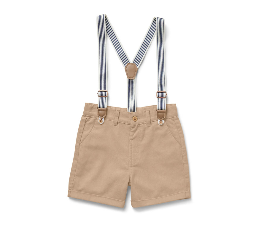 Short pour enfant kaki avec bretelles rayées bleu et blanc.
