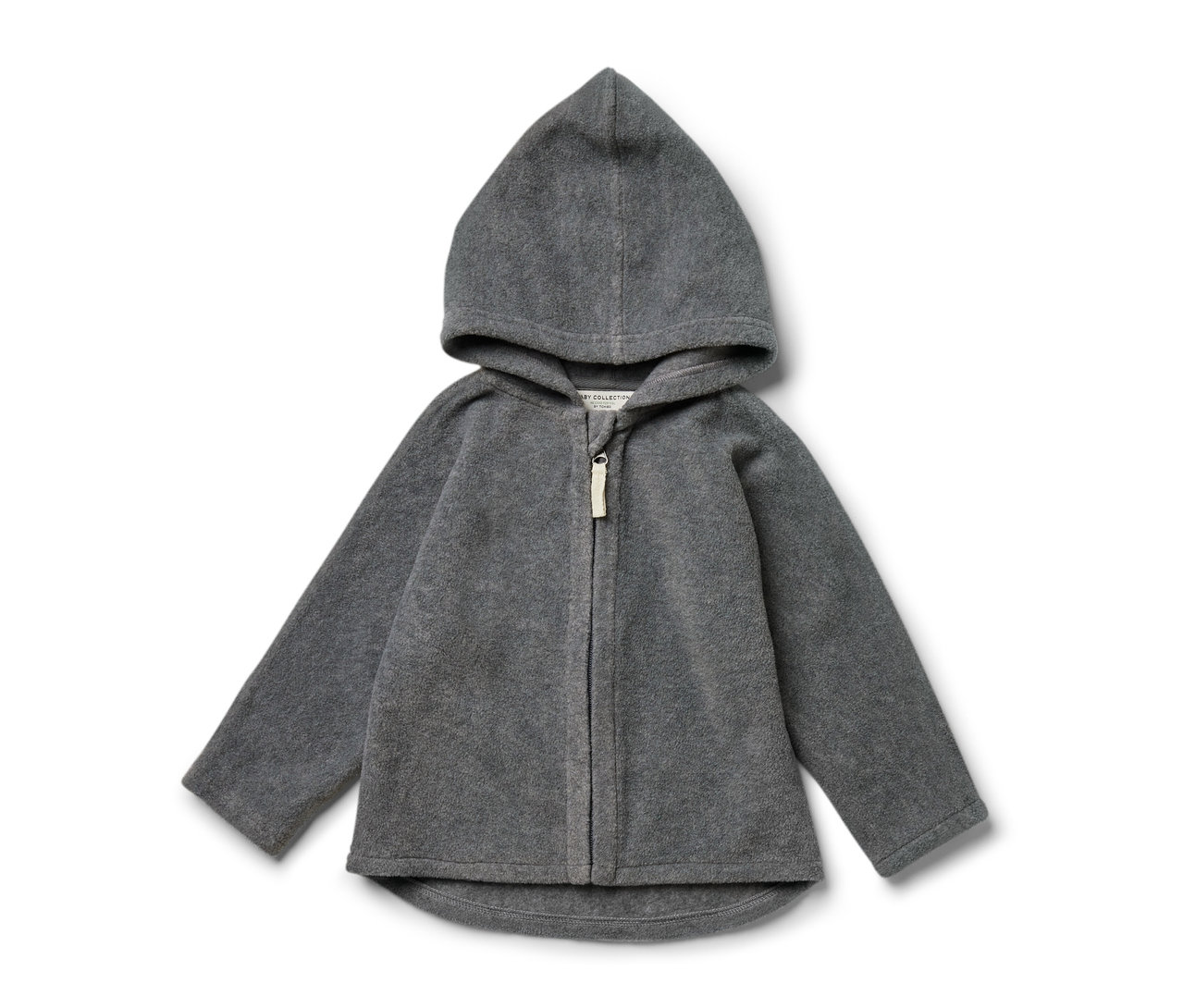 Veste en polaire grise pour bébé avec capuche et fermeture éclair.