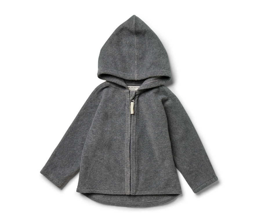 Veste en polaire grise pour bébé avec capuche et fermeture éclair.
