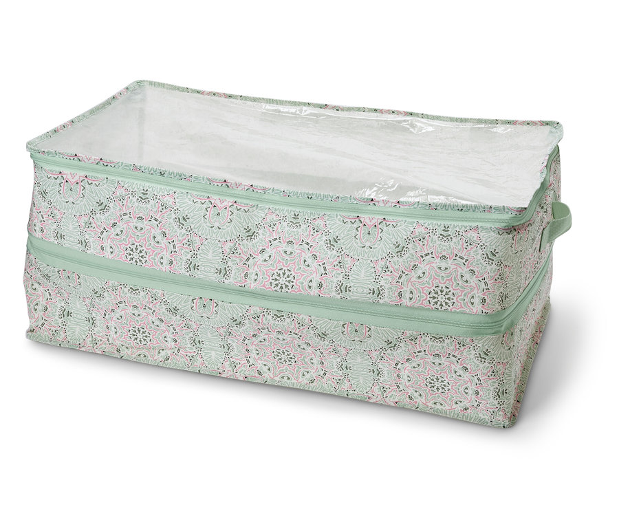 Un espace de rangement Jumbo avec un motif et un couvercle transparent.