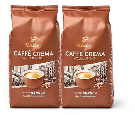 Deux paquets de Caffè Crema Vollmundig (intense) en grains – 2x 1 kg de Tchibo.