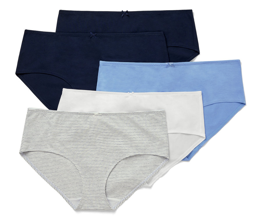 Cinq culottes pour femmes de différentes couleurs et motifs sont posées les unes sur les autres.