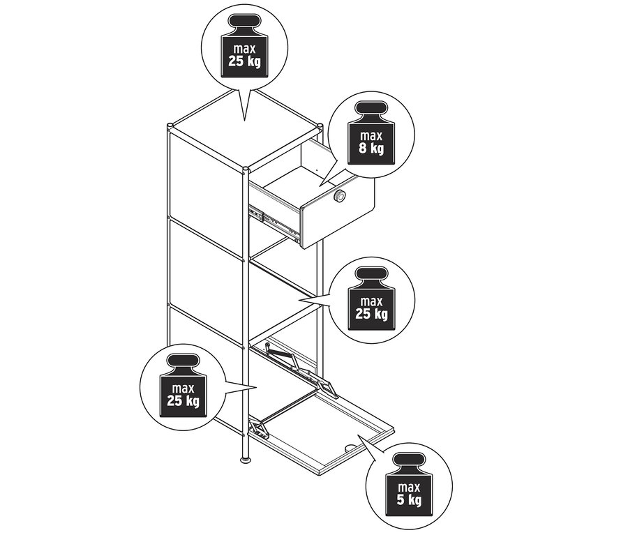 Schéma d'une commode étroite en métal « CN3 » avec deux tiroirs et 1 compartiment abattant.