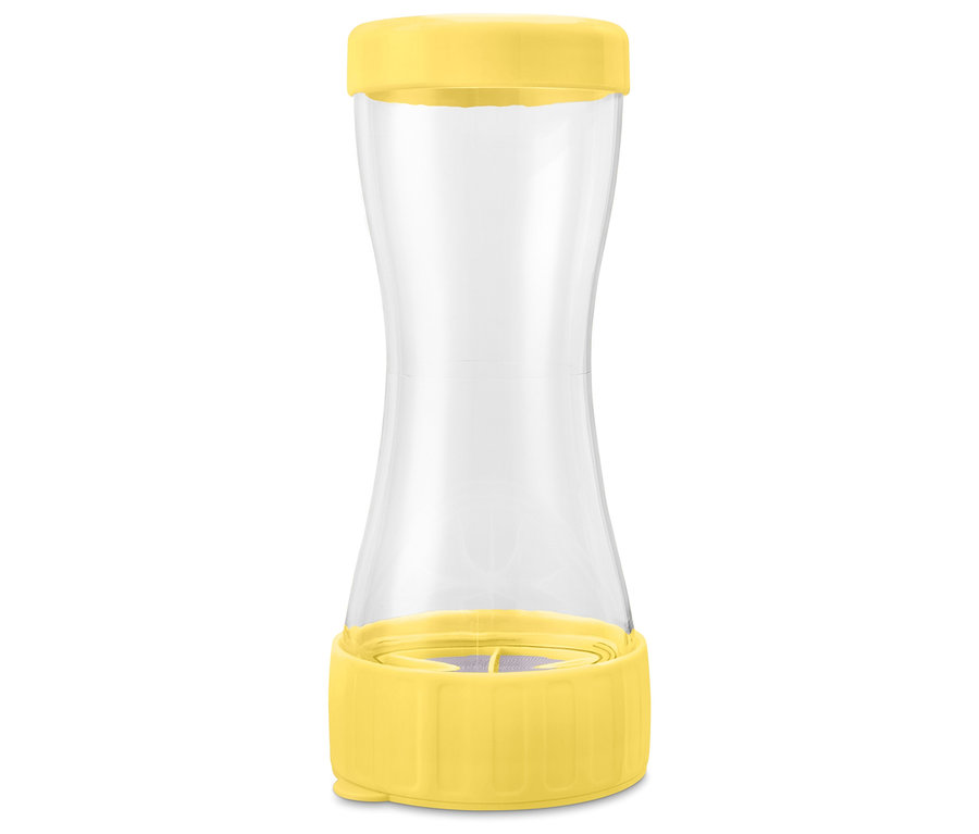 Récipient vide en forme de sablier avec couvercle et base jaunes.