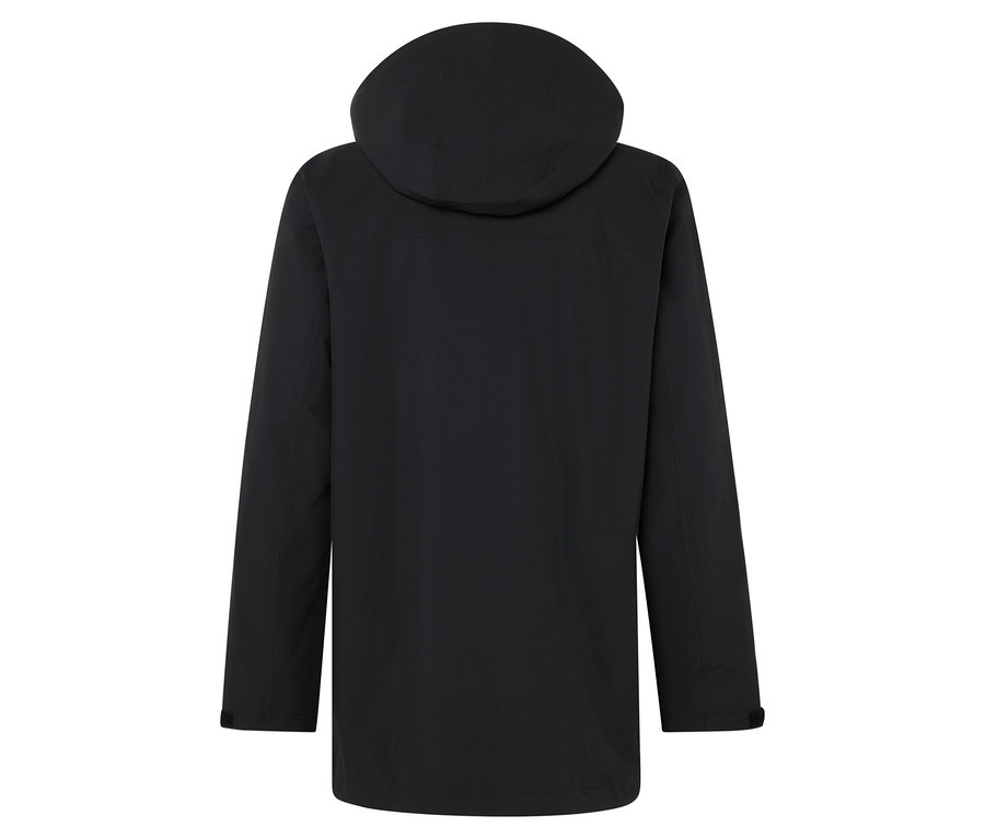 Vue arrière d'une veste noire à capuche.
