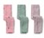 Trois leggings pour enfants : rose avec des motifs de cœurs et de nuages, vert et violet clair.