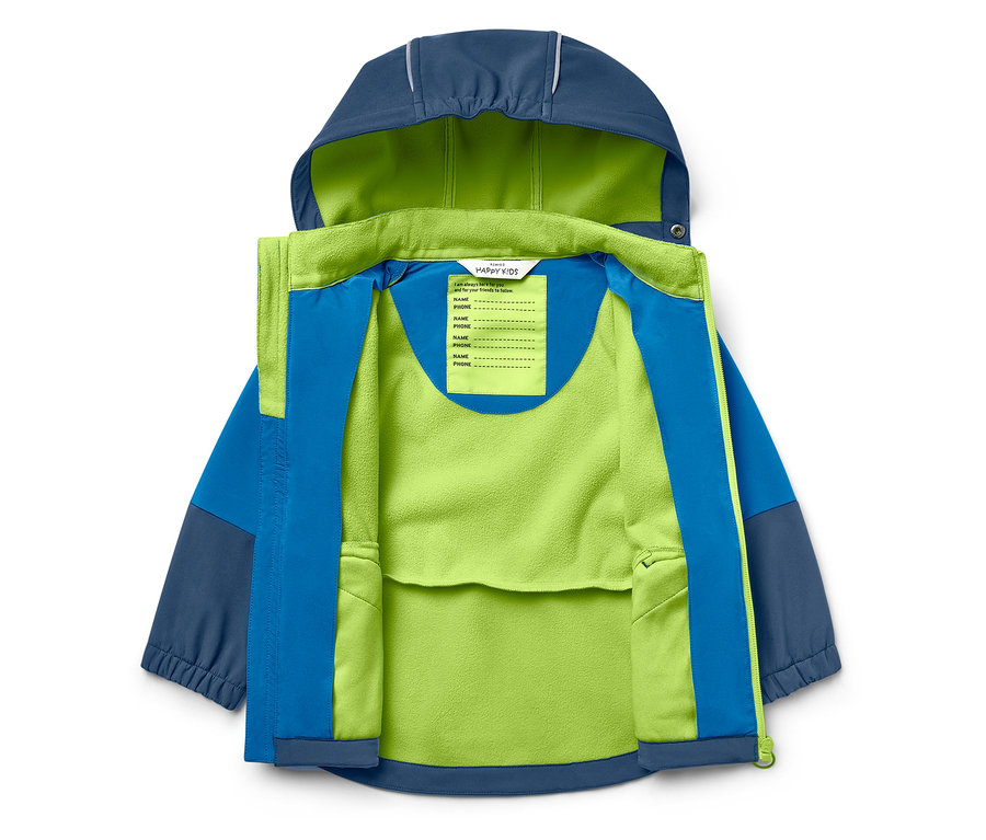 Veste d'enfant bleu et vert avec capuche, ouverte et posée sur un fond blanc.