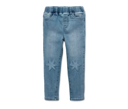 Pantalon en denim à taille élastique bleu avec des étoiles sur les genoux.