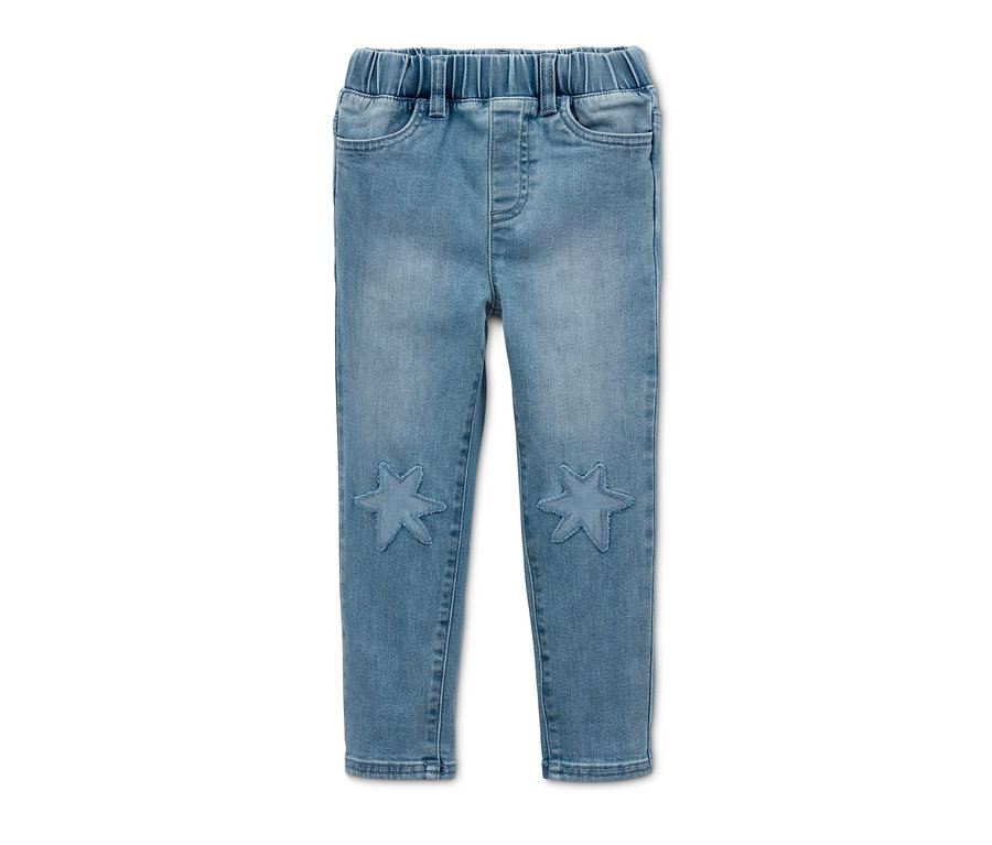 Pantalon en denim à taille élastique bleu avec des étoiles sur les genoux.