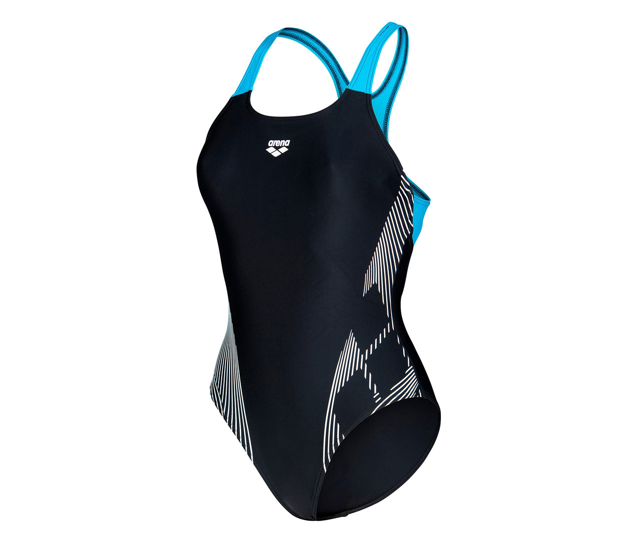 Maillot de bain pour femme Swim Pro Back Bustier Lily arena Feel, NOIR-TURQUOISE avec des accents géométriques blancs.